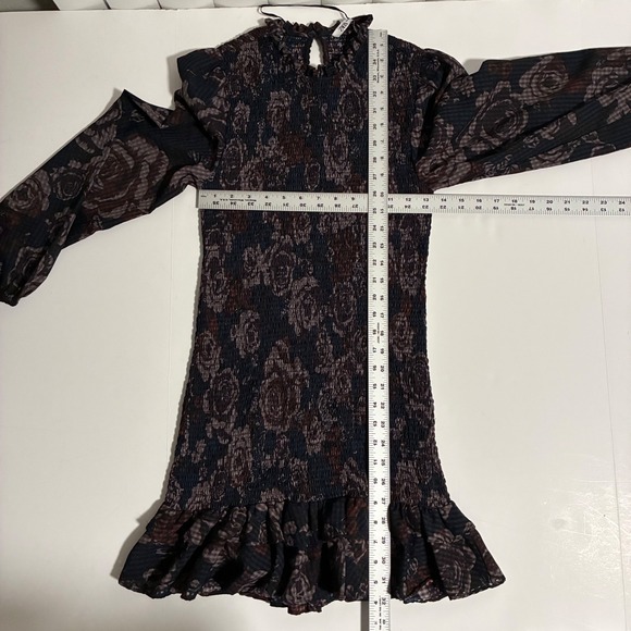 ZARA Womens Smocked Floral Mini Dress Blue Brown Ruffle High Neck Size M - Picture 5 of 7